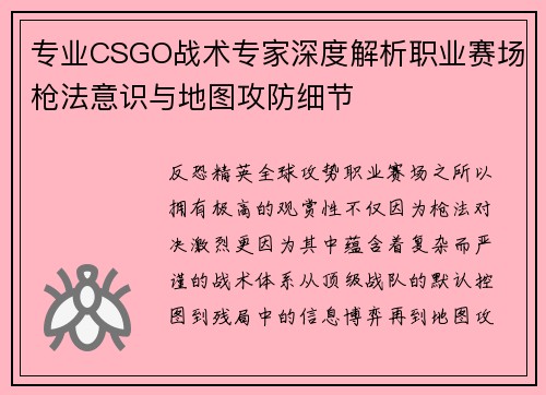 专业CSGO战术专家深度解析职业赛场枪法意识与地图攻防细节