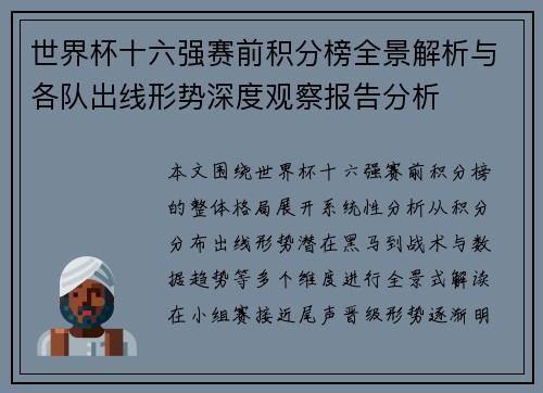 世界杯十六强赛前积分榜全景解析与各队出线形势深度观察报告分析